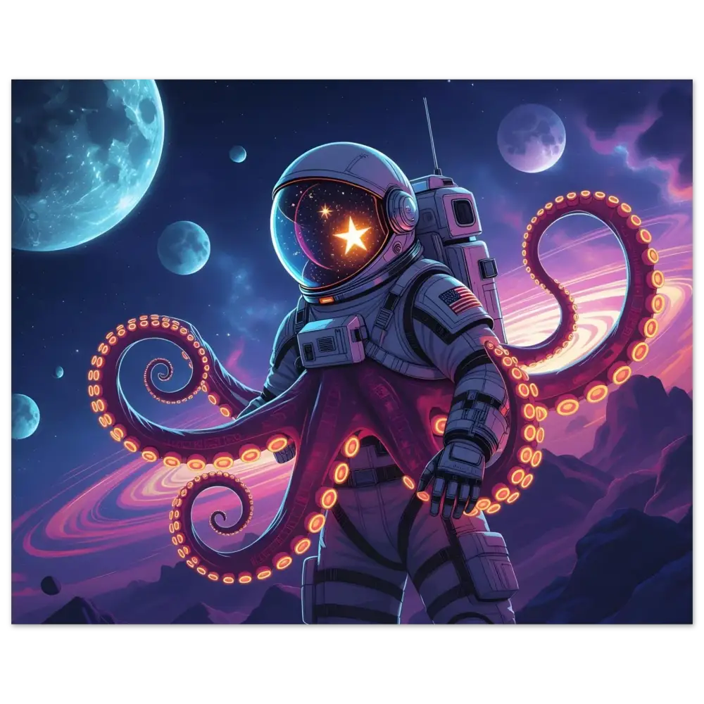 Astronaut octopus hybrid art print featuring cosmic tentacle voyager design by PixiOnyx