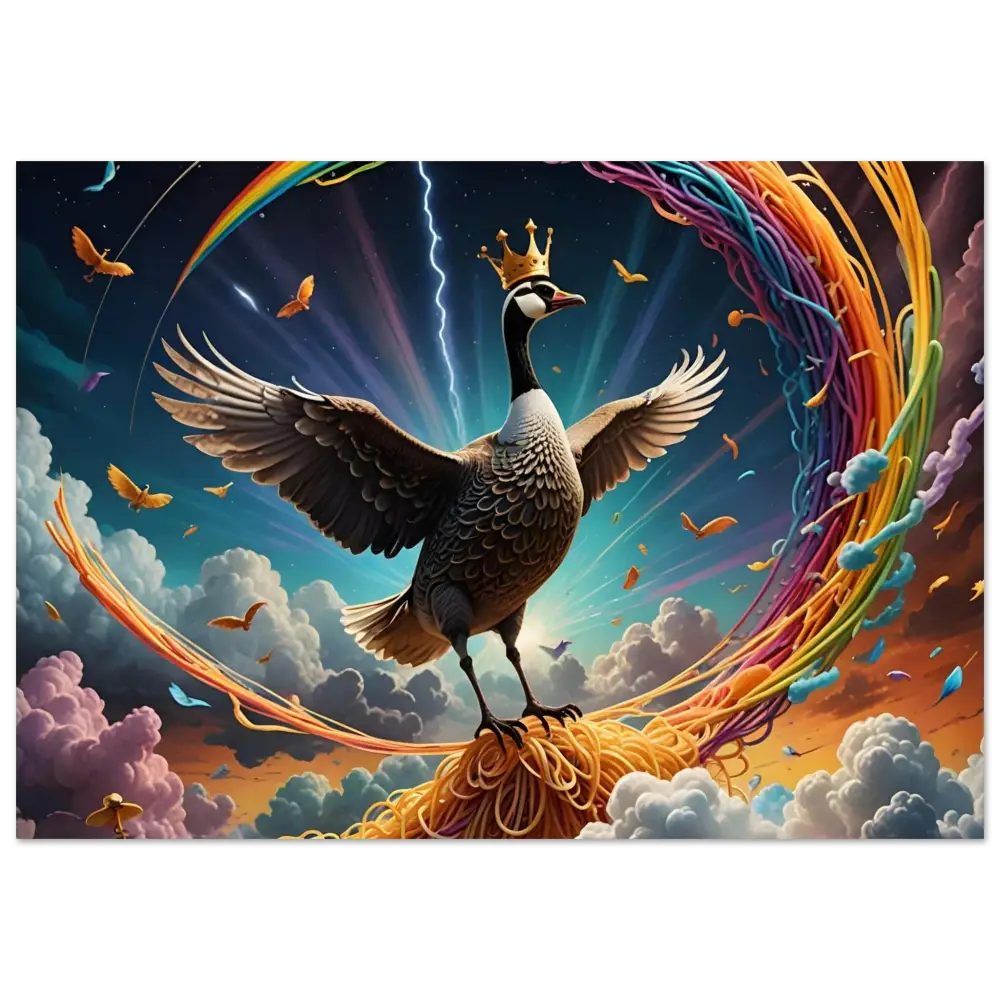 Crowned goose perched on colorful spaghetti rainbow art print displayed in Spaghetti Goose Ascension Poster