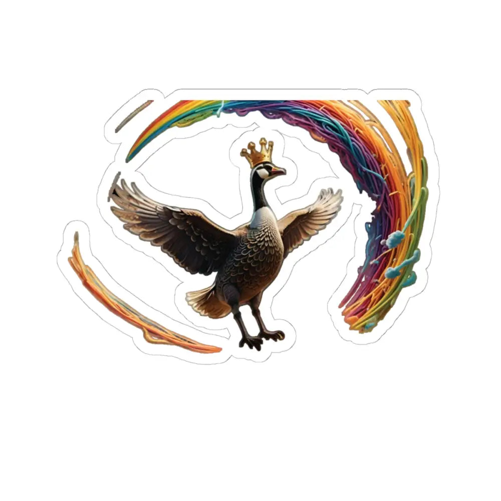 Goose wearing a crown with rainbow arc on Spaghetti Goose Ascension vinyl decal