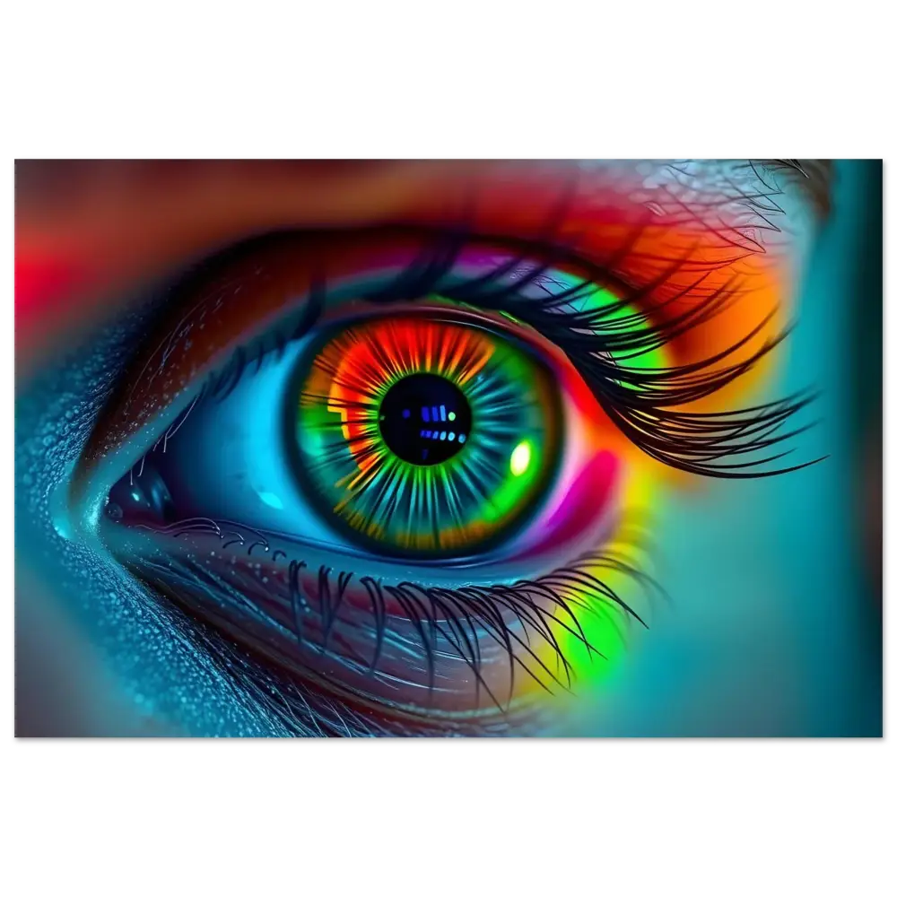 Vibrant rainbow eye design on Spectrum Vision Aluminum Print Light Refraction PixiOnyx Gloss Metal Display