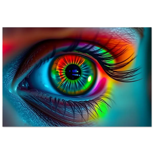 Vibrant rainbow-colored human eye on Spectrum Vision Aluminum Print by PixiOnyx