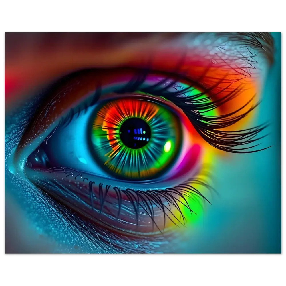 Vibrant rainbow-colored eye displayed on Spectrum Vision Aluminum Print by PixiOnyx
