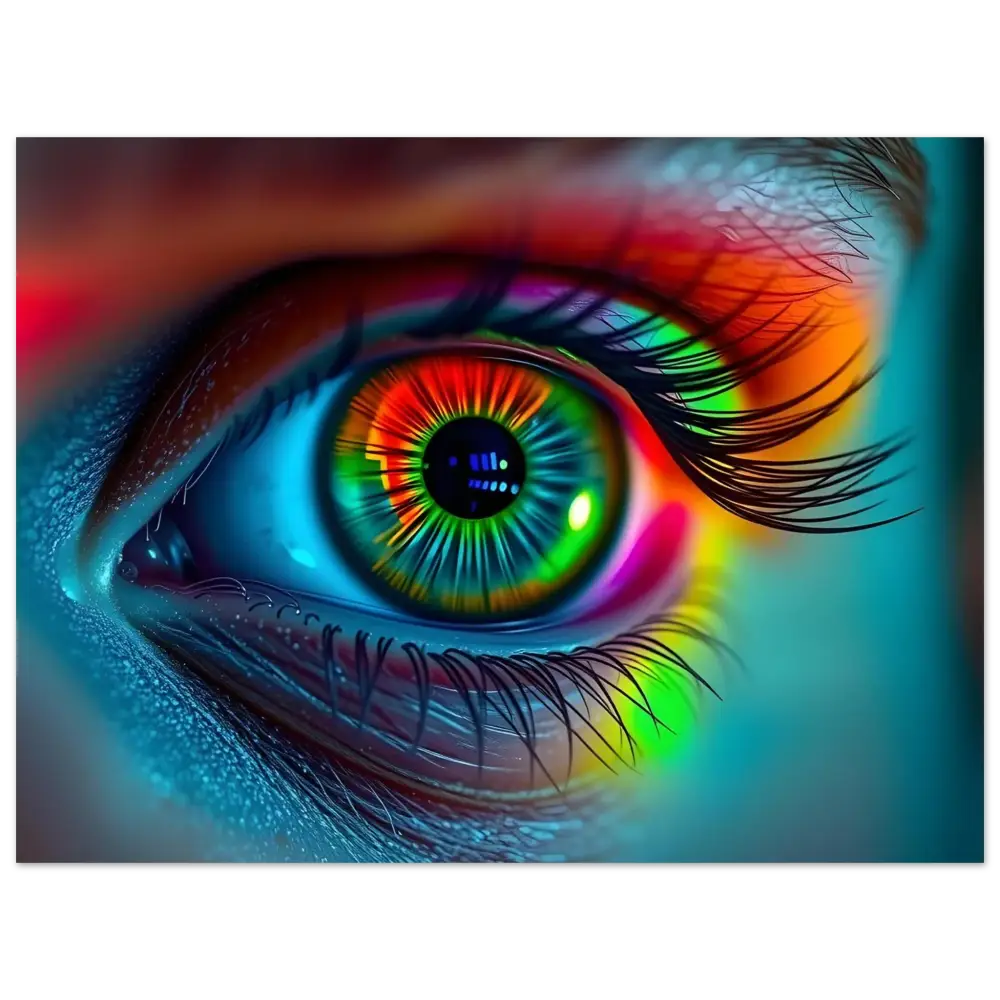 Vibrant rainbow-colored human eye artwork on Spectrum Vision Aluminum Print by PixiOnyx