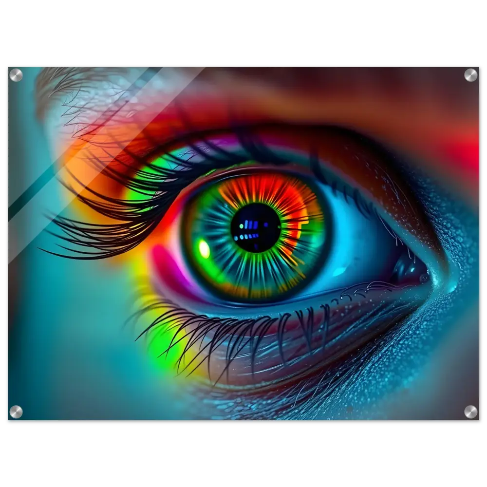 Vibrant rainbow-colored eye art displayed on Spectrum Vision Mirrored Acrylic Print
