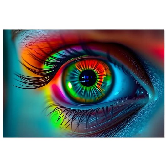 Vibrant rainbow-colored human eye on Spectrum Vision Mirrored Aluminum Print PixiOnyx Gloss Metal