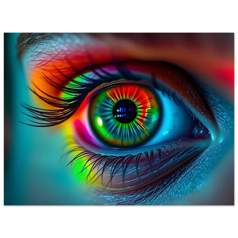 Rainbow-colored human eye displayed on Spectrum Vision Mirrored Aluminum Print by PixiOnyx