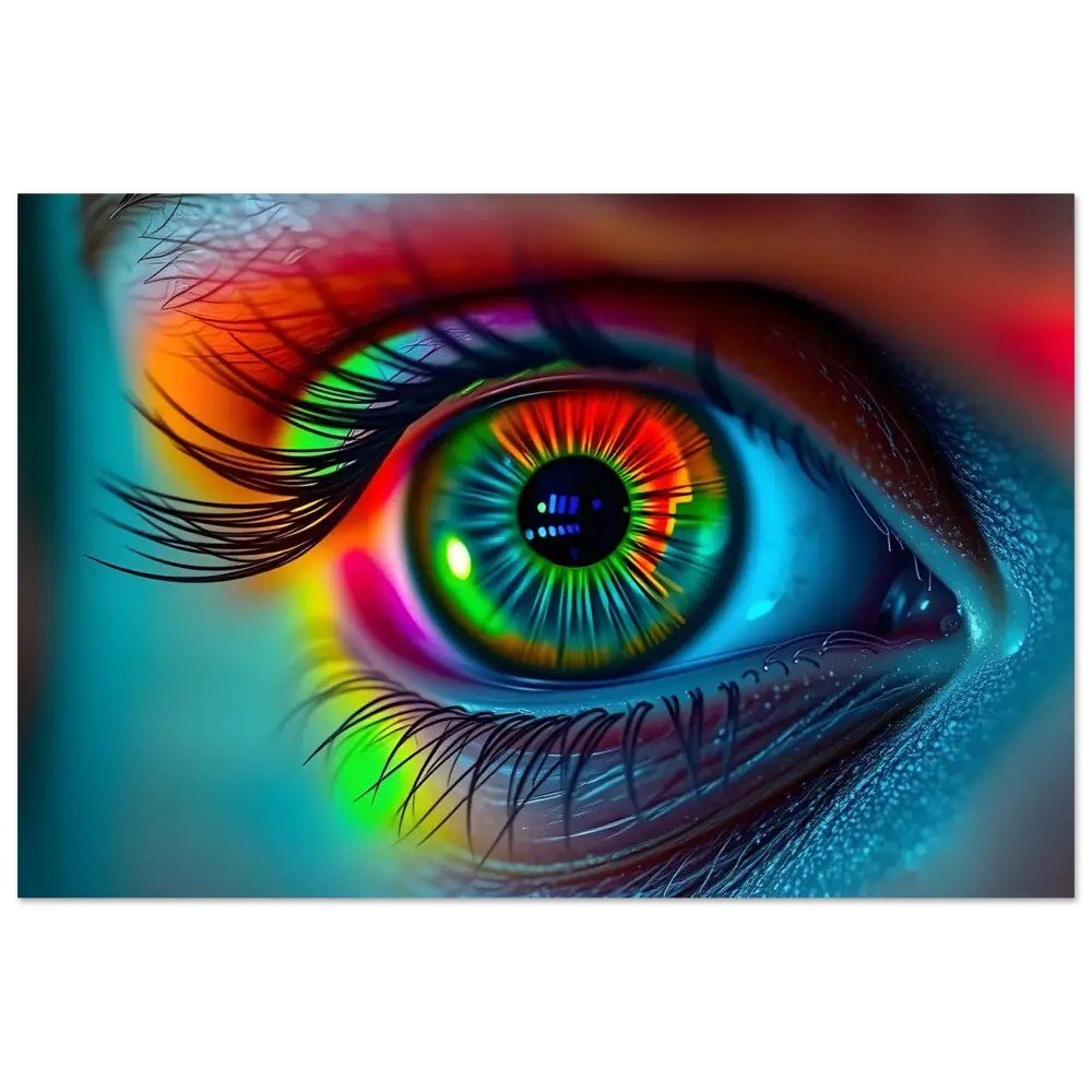 Rainbow-colored human eye artwork on Spectrum Vision Mirrored Aluminum Print display