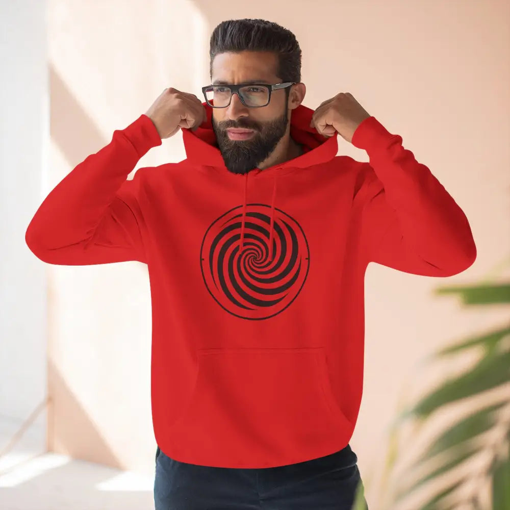 Red men’s fleece hoodie with black swirl design and spacious kangaroo pocket for fall