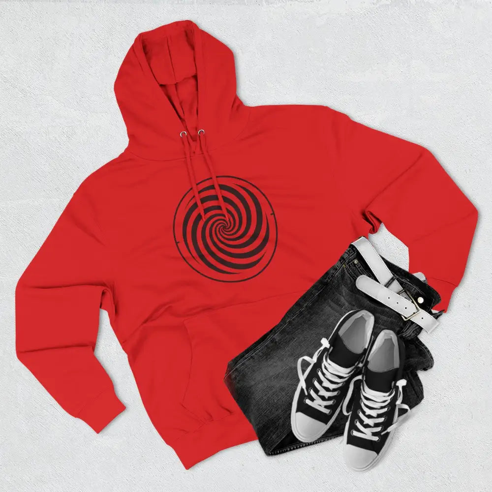 Vibrant red fleece hoodie with black spiral design and spacious kangaroo pocket