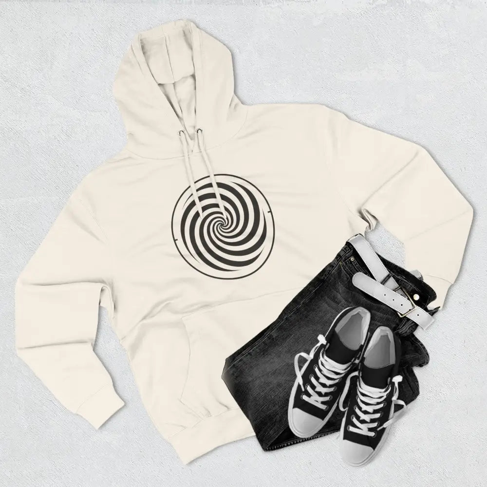 Off-white fleece hoodie with black and white spiral design, spacious kangaroo pocket, perfect for fall