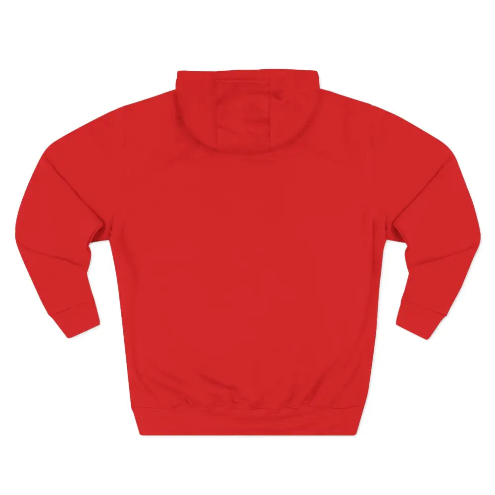Red hooded fleece hoodie with long sleeves and spacious kangaroo pocket for cozy streetwear