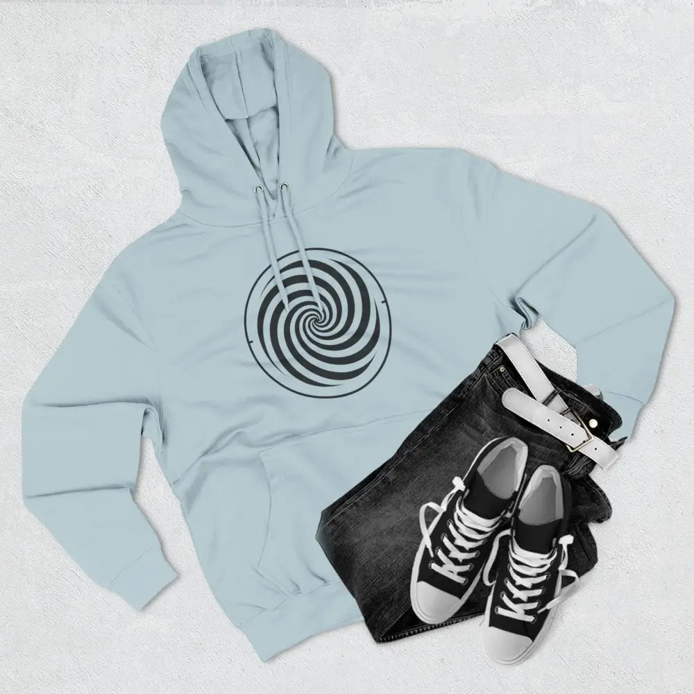 Light blue fleece hoodie with black and white spiral design, spacious kangaroo pocket, trendy streetwear