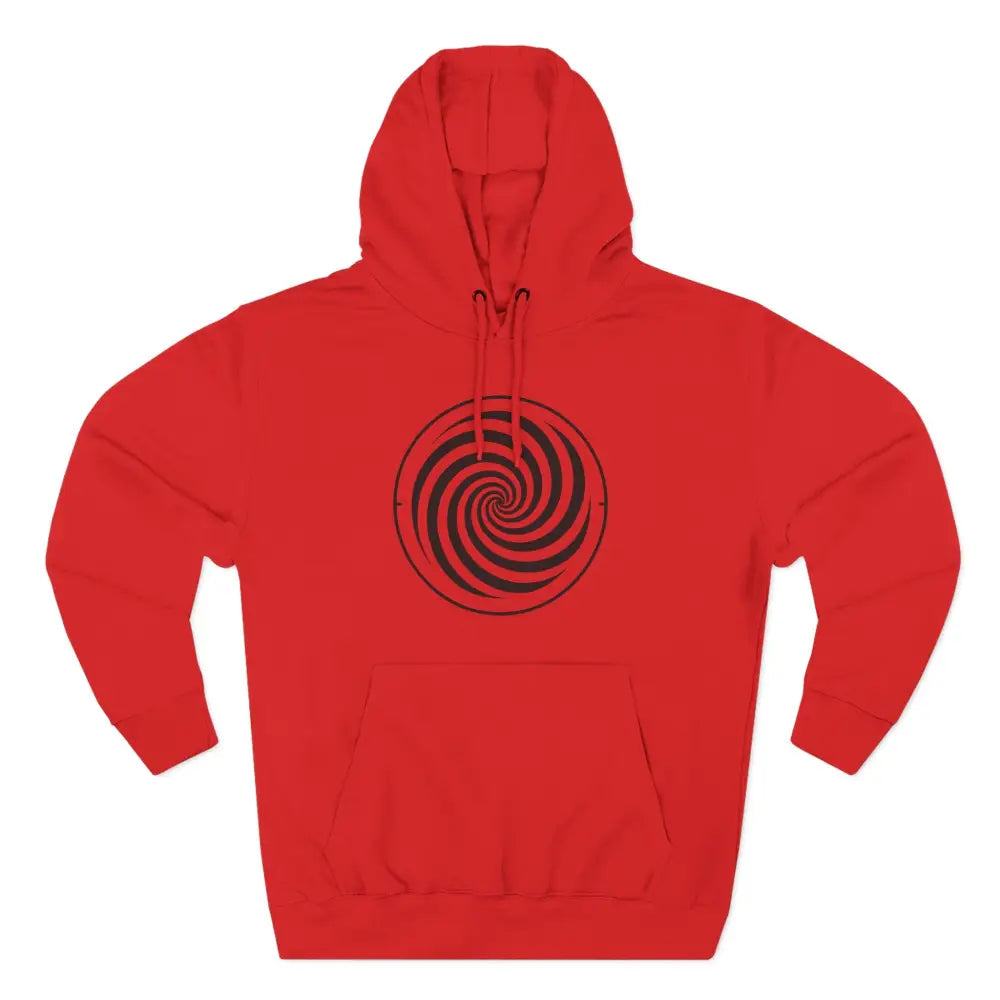 Red fleece hoodie with black spiral design, spacious kangaroo pocket, perfect for fall