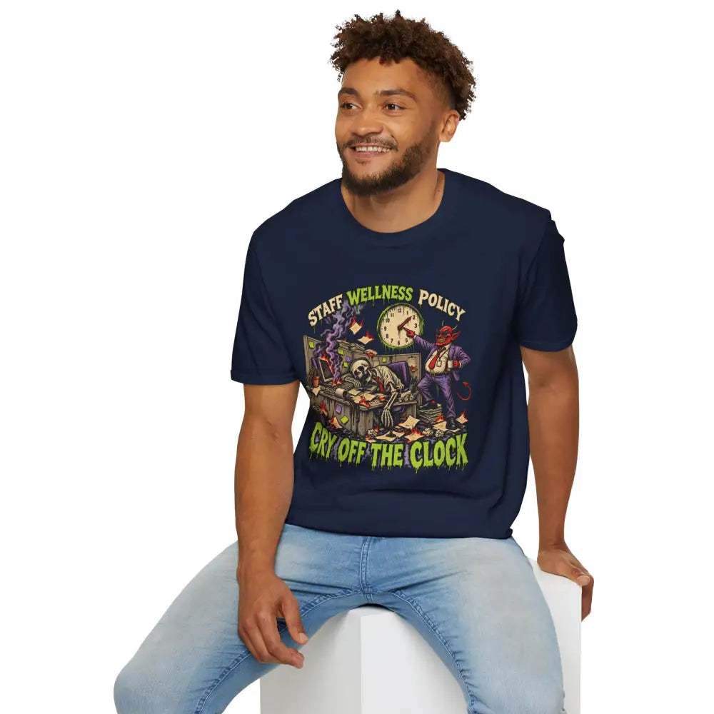 Navy blue unisex t-shirt with colorful devil and skeleton graphic and wellness policy text, low heat care instructions recommended