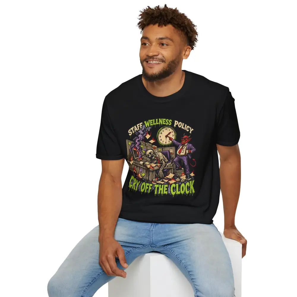 Black cotton unisex t-shirt with colorful devil and skeleton graphic promoting wellness policy and care instructions low heat