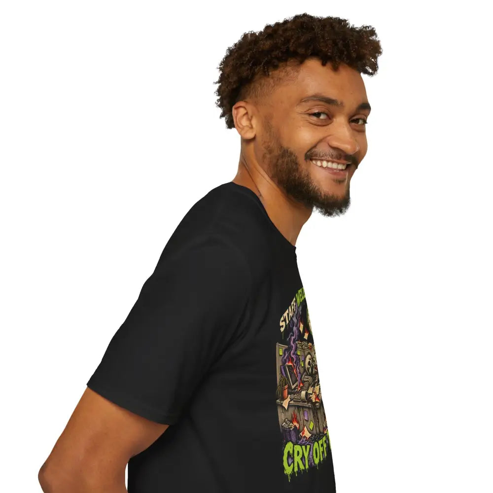 Black short-sleeved staff wellness policy t-shirt with neon green star wars cry off graphic and low heat care instructions