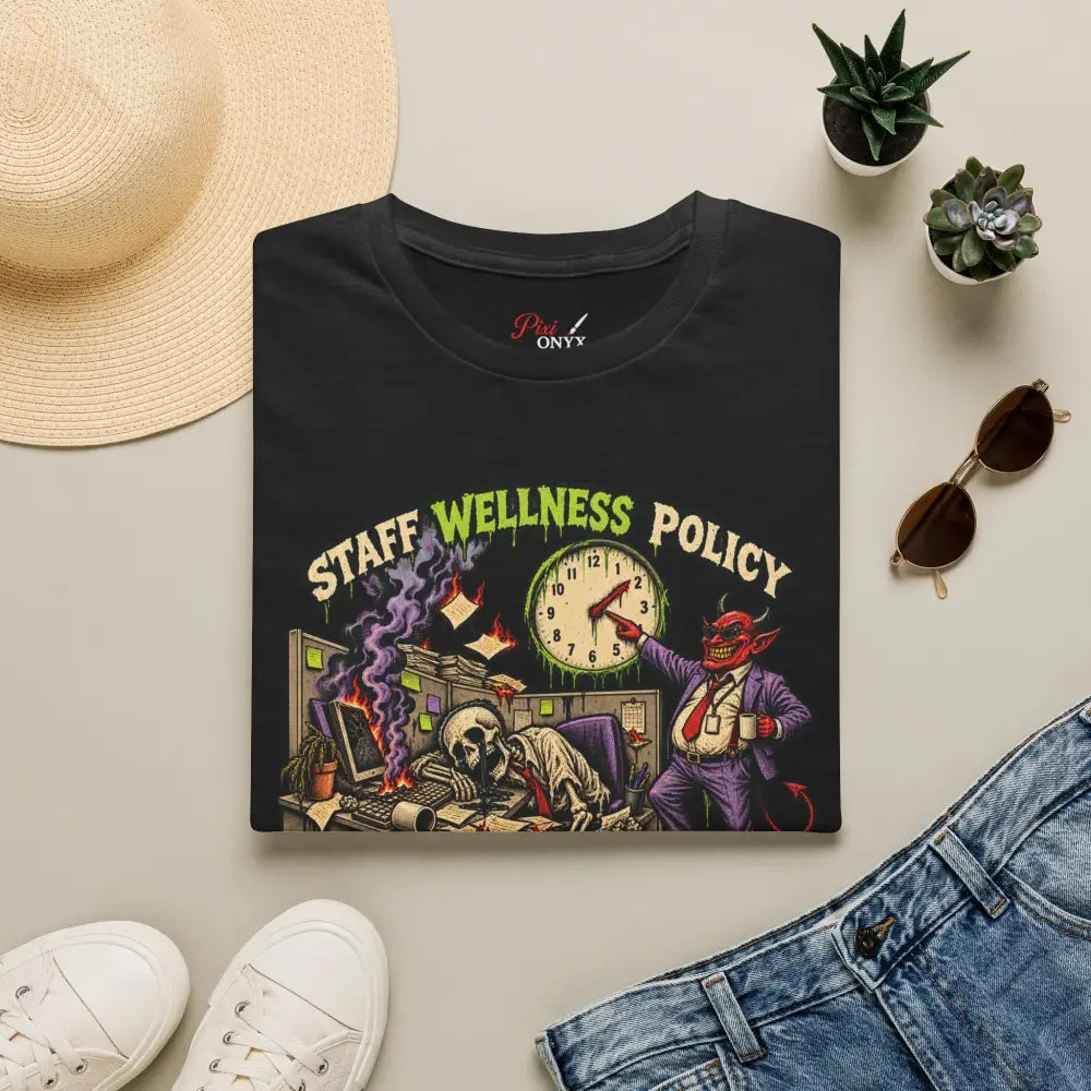 Black unisex t-shirt with colorful devil graphic pointing at clock above staff wellness policy text care instructions low heat
