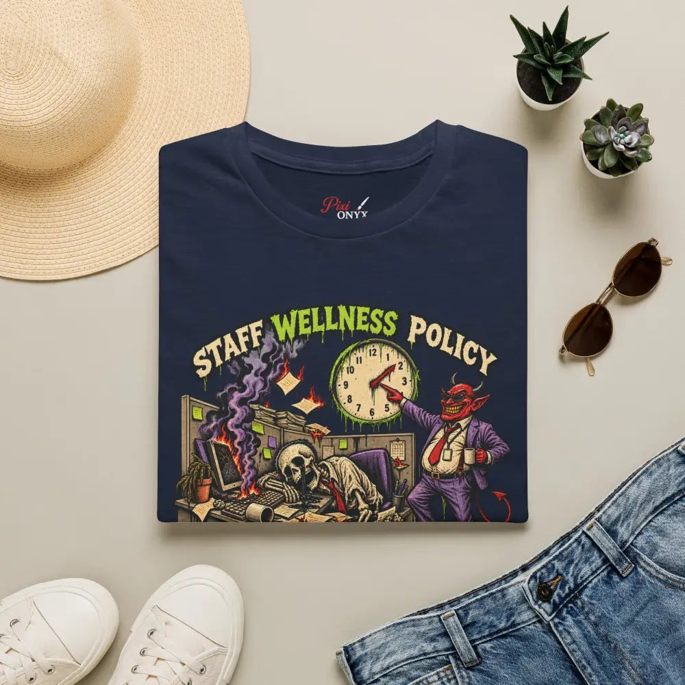 Navy blue staff wellness policy t-shirt by ony featuring a cartoon devil and skeleton graphic with care instructions for low heat