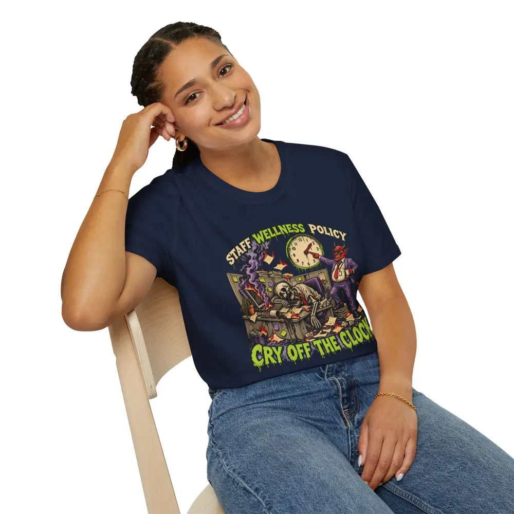 Navy blue unisex short-sleeved t-shirt with colorful wellness policy print cry off the clock care instructions low heat