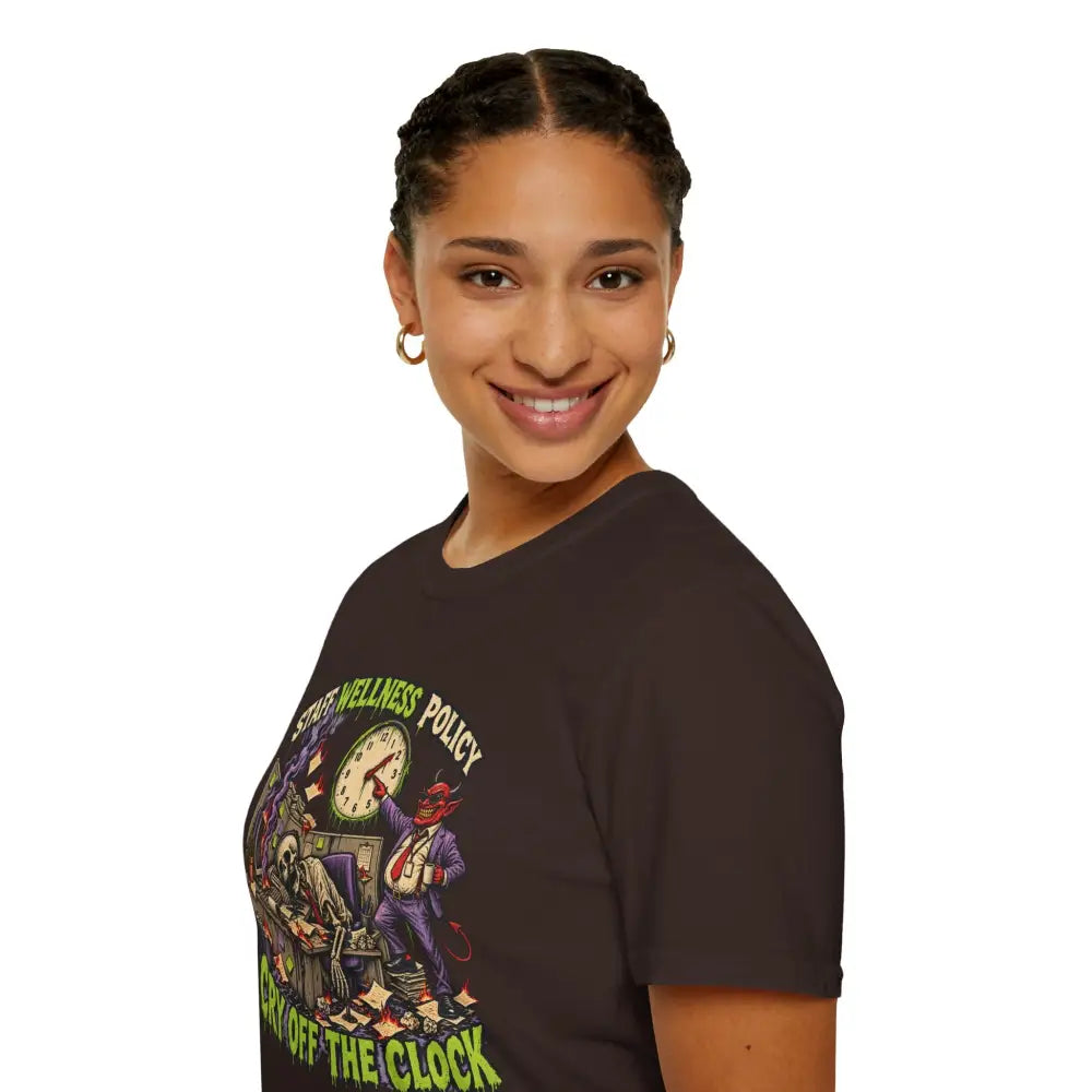 Dark gray unisex t-shirt with colorful devil graphic pointing at clock featuring wellness policy text care instructions low heat
