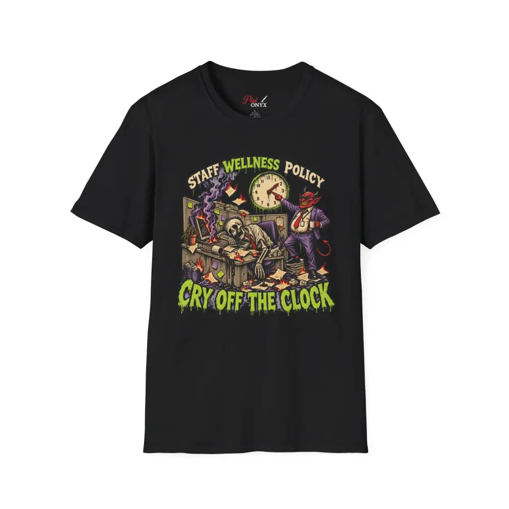 Black short-sleeved unisex t-shirt with colorful gothic devil and skeleton graphic promoting staff wellness policy care instructions low heat