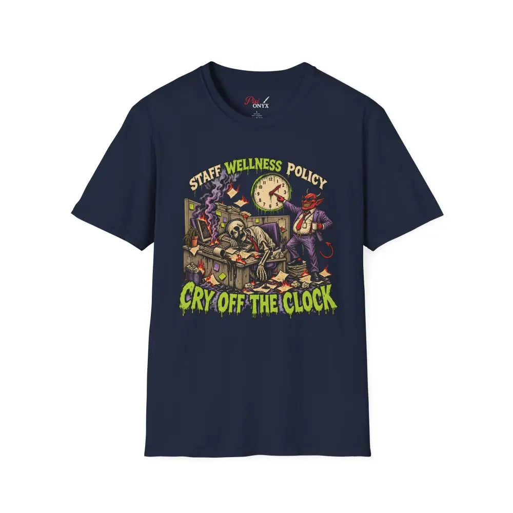 Navy blue short-sleeved staff wellness policy t-shirt with colorful devil and skeleton graphic care instructions low heat