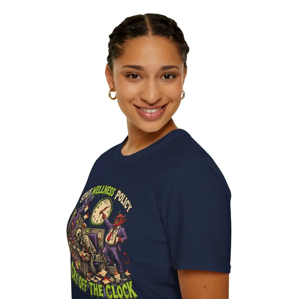 Navy blue unisex t-shirt with devil graphic and wellness policy text featuring care instructions for low heat wear