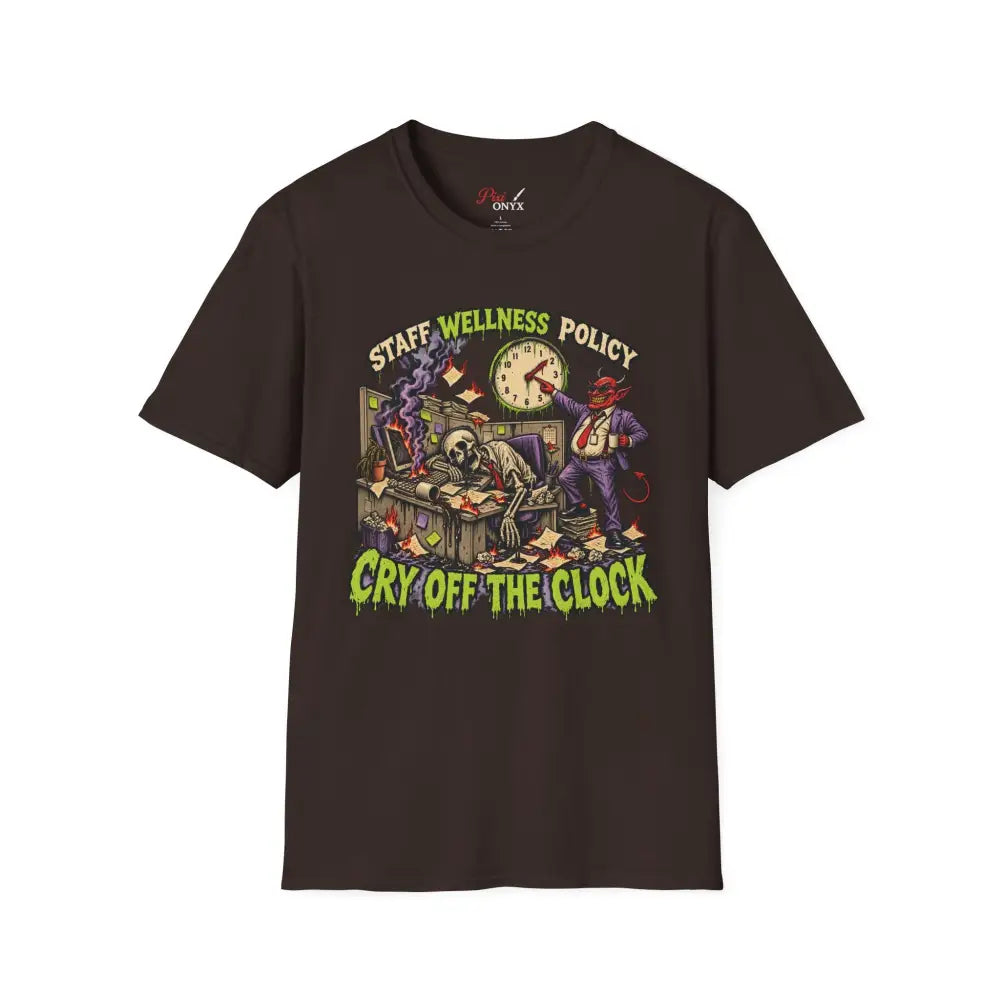 Black short-sleeved staff wellness policy t-shirt with colorful devil graphic and cry off the clock text care instructions low heat