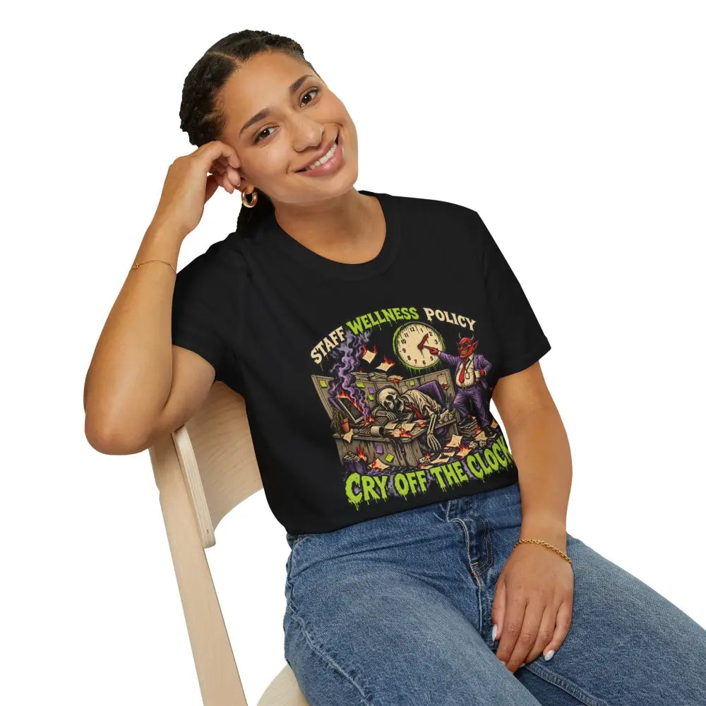 Black cotton staff wellness policy unisex t-shirt with vibrant skeleton graphic care instructions include low heat wash