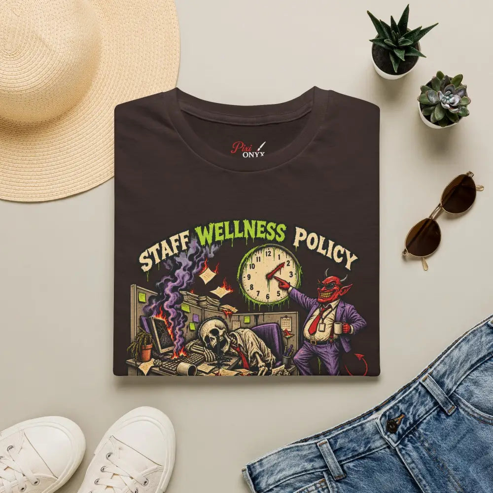 Dark brown cotton staff wellness policy t-shirt featuring a gothic devil graphic with care instructions for low heat wash