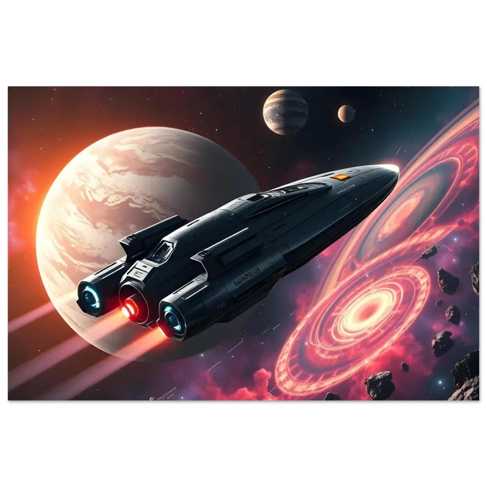 Sleek spaceship with glowing engines on modern Sci-Fi wall art by PixiOnyx