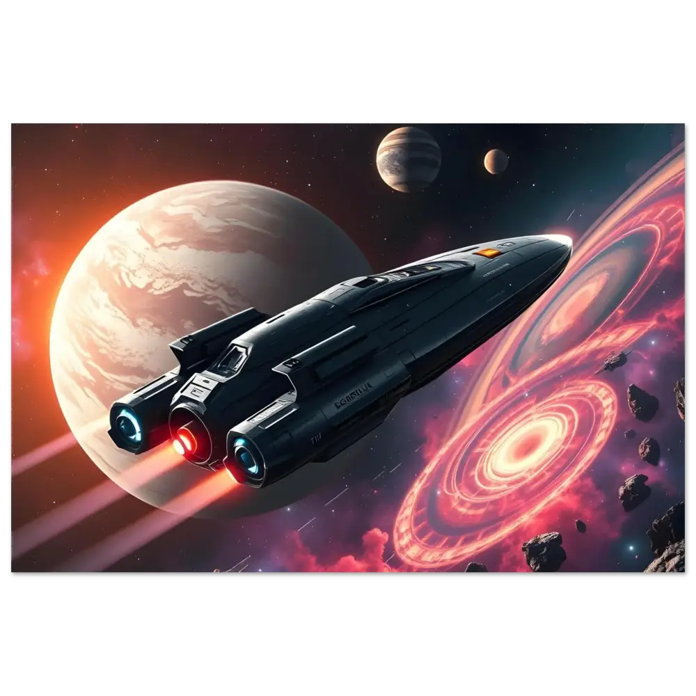 Sleek dark spaceship with glowing engines on Modern Sci-Fi Wall Art by PixiOnyx