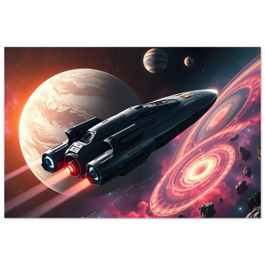 Sleek dark spaceship with glowing engines on Modern Sci-Fi Wall Art by PixiOnyx