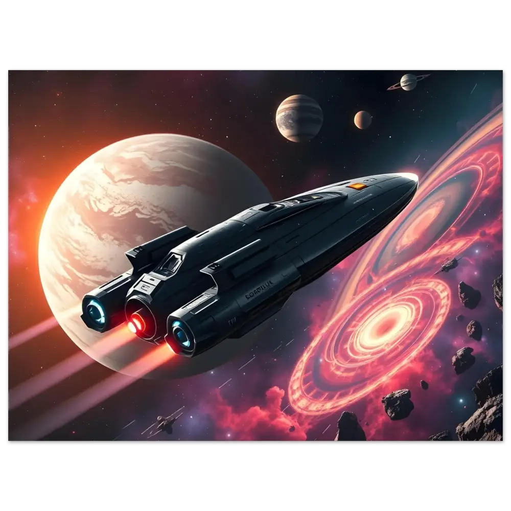 Sleek dark spaceship with glowing engines on modern Sci-Fi wall art by PixiOnyx