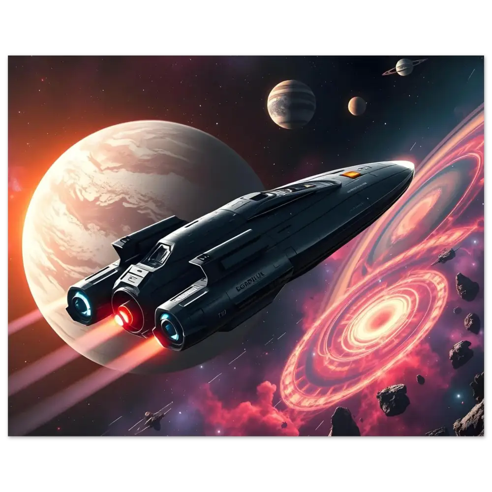 Dark spaceship with glowing engines aluminum wall art for modern sci-fi decor