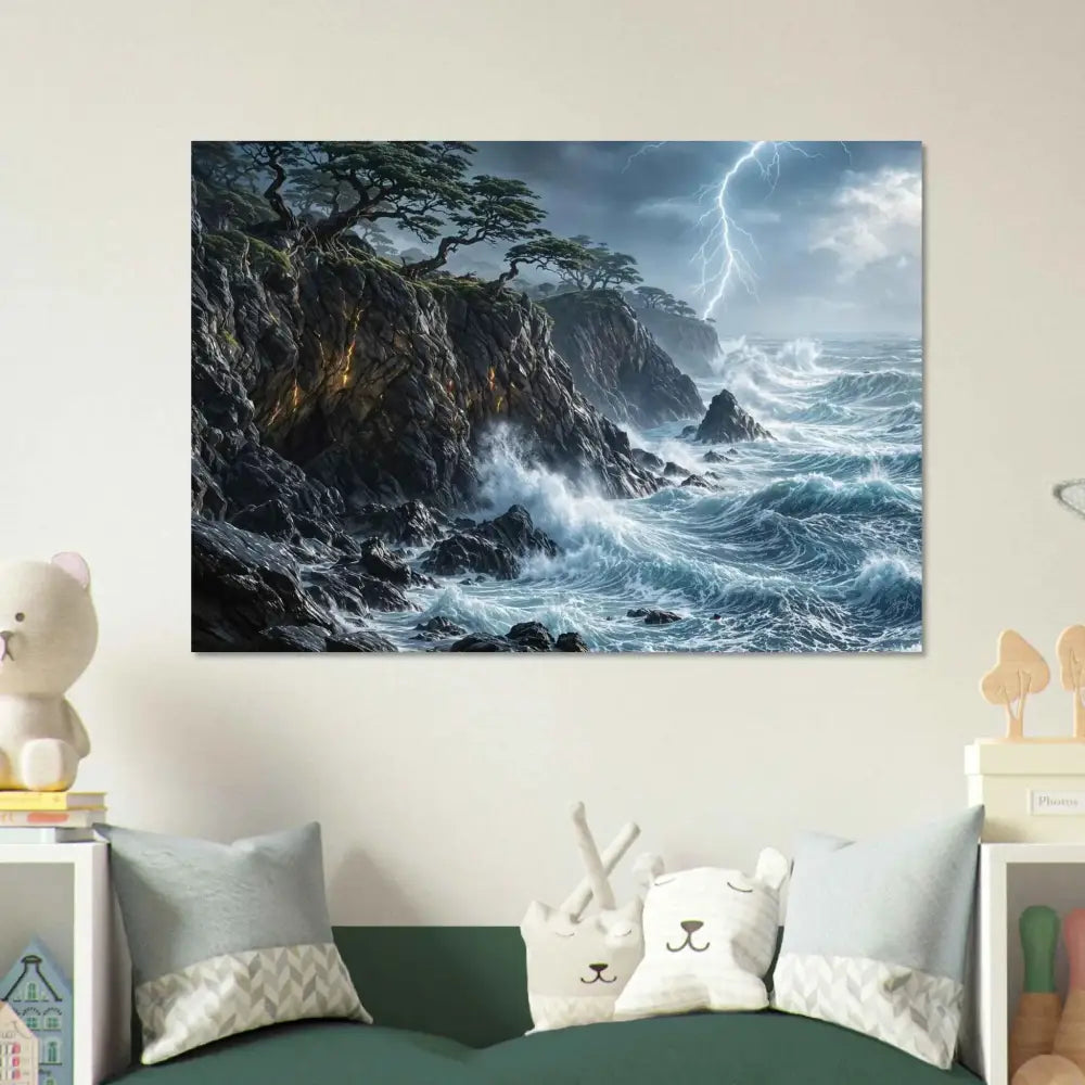 Stormroot Cliffs fine art poster showcasing a stormy ocean scene with lightning and cliffs