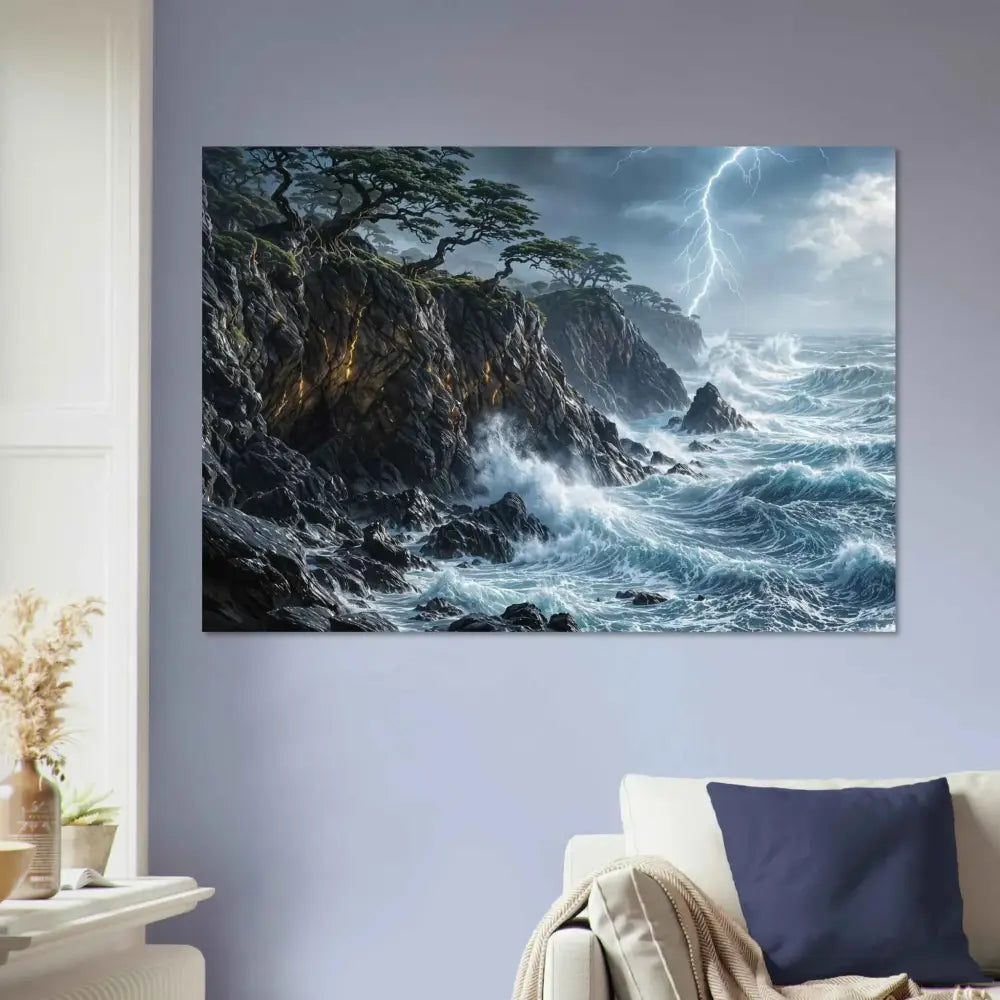 Stormroot Cliffs fine art poster featuring a stormy ocean and crashing waves