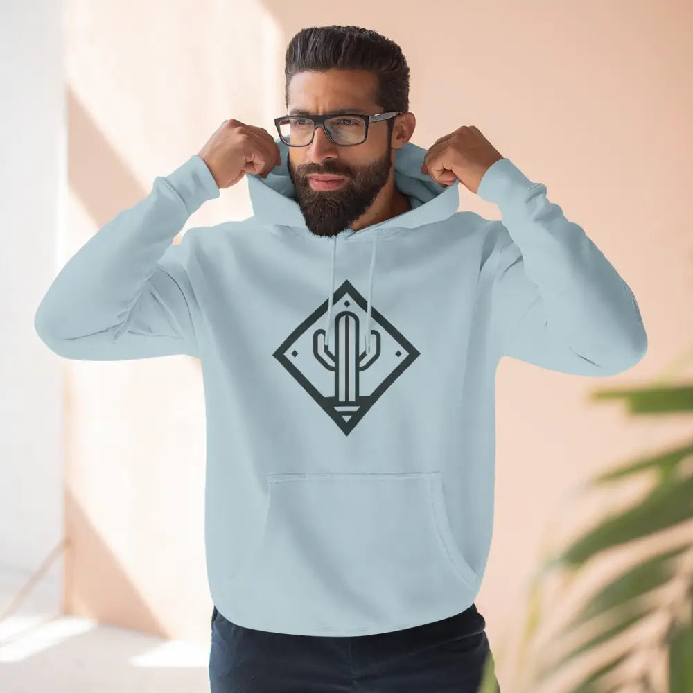 Light blue unisex hoodie with cactus logo, cozy fleece, adjustable hood, spacious kangaroo pocket
