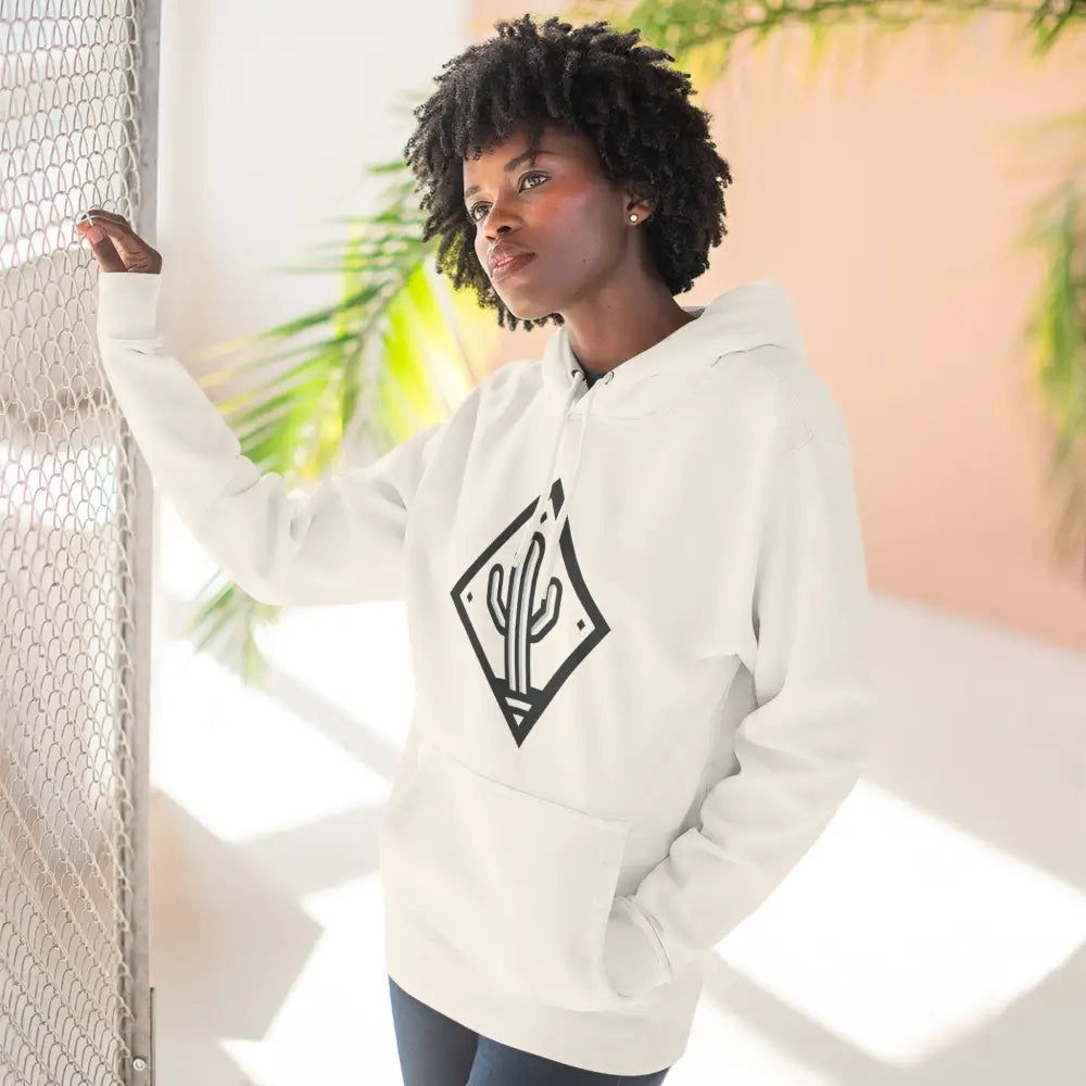 White hooded sweatshirt with black cactus design, cozy fleece, adjustable hood, perfect for casual wear