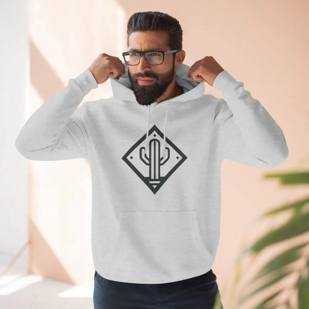 White hooded sweatshirt with dark gray cactus logo featuring spacious kangaroo pocket and cozy fleece