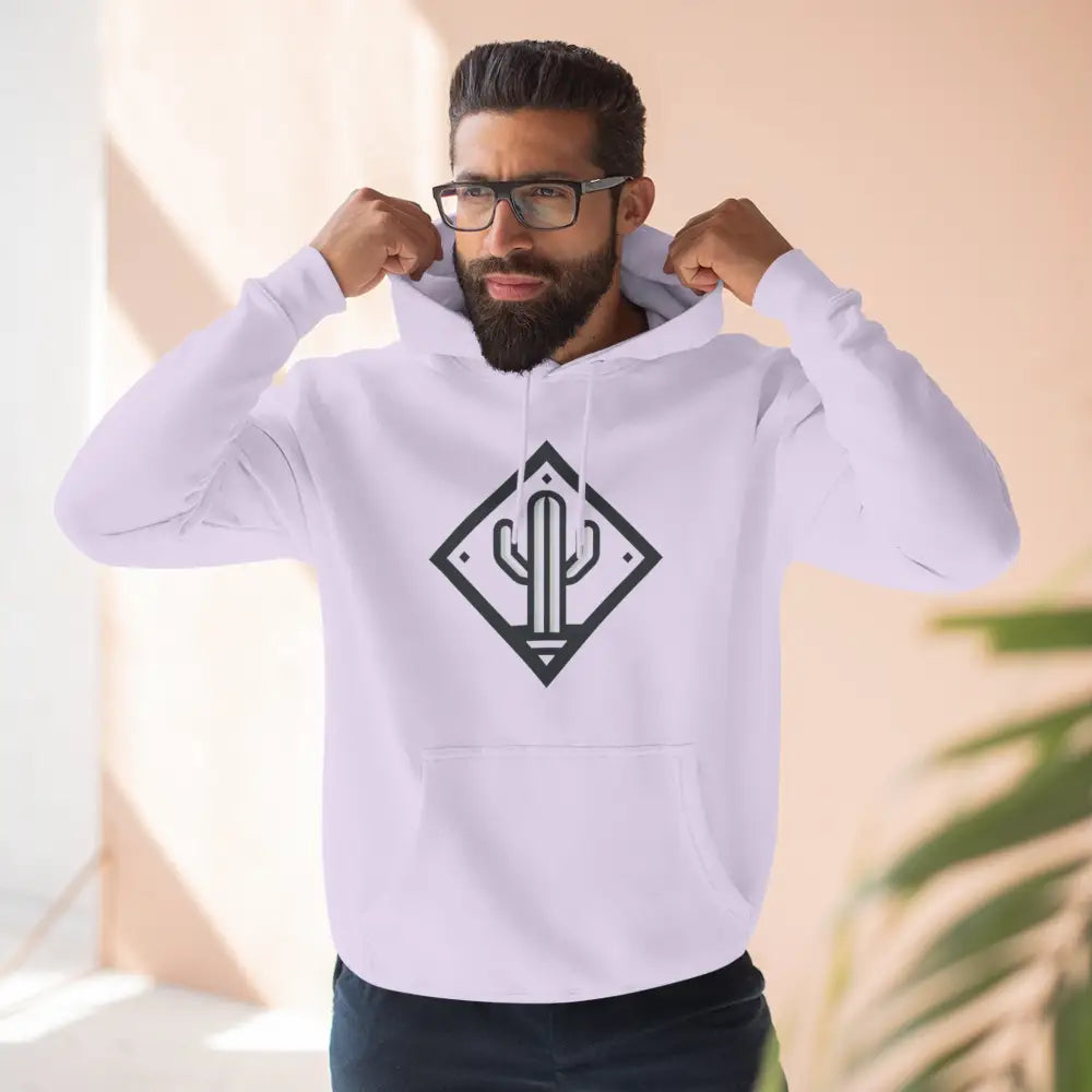 Men’s white hoodie with black cactus logo, cozy fleece, adjustable hood, spacious kangaroo pocket