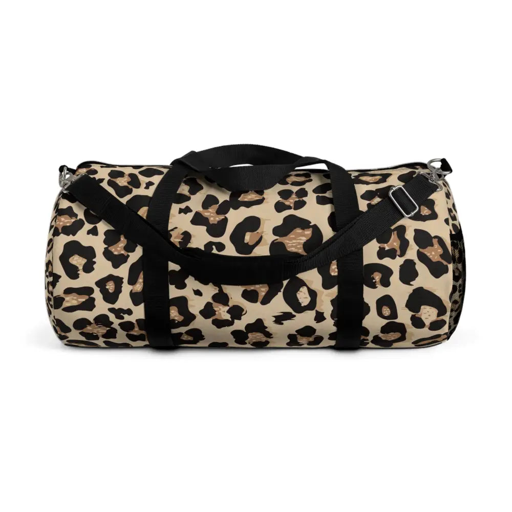 Chic leopard print duffel bag with black straps, adjustable shoulder strap, and internal zipper pocket