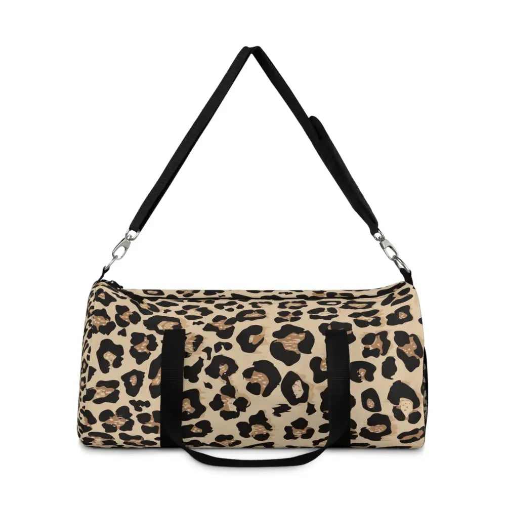 Chic leopard print duffel bag with black straps, adjustable shoulder strap and internal zipper pocket
