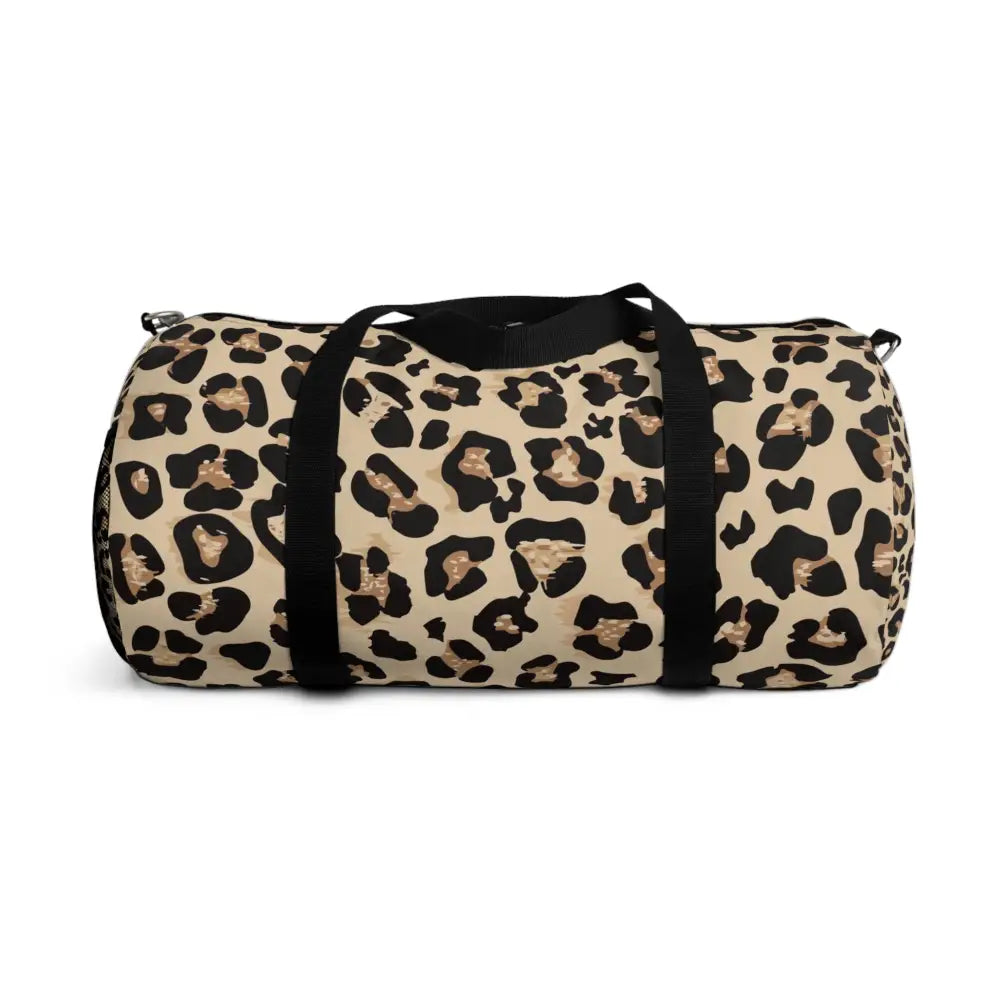 Chic leopard print duffel bag with black straps, adjustable shoulder strap, and internal zipper pocket