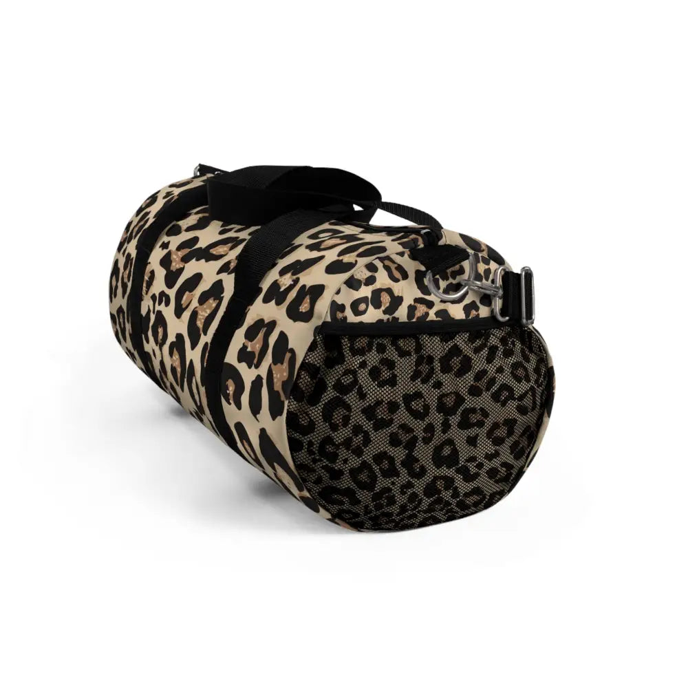 Chic leopard print duffel bag with mesh side pocket, adjustable shoulder strap and internal zipper pocket