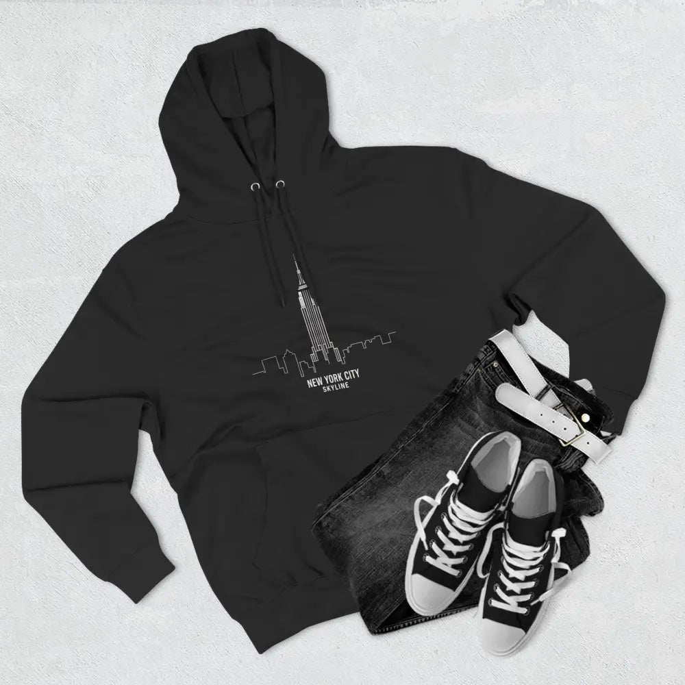Black hooded sweatshirt with NYC skyline graphic, machine wash cold, low heat care