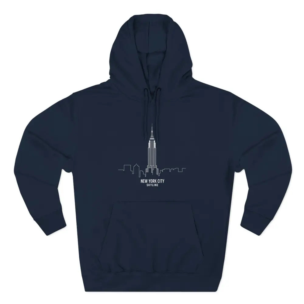 Navy blue NYC skyline hoodie with white outline, cozy travel fleece, machine wash max 30c