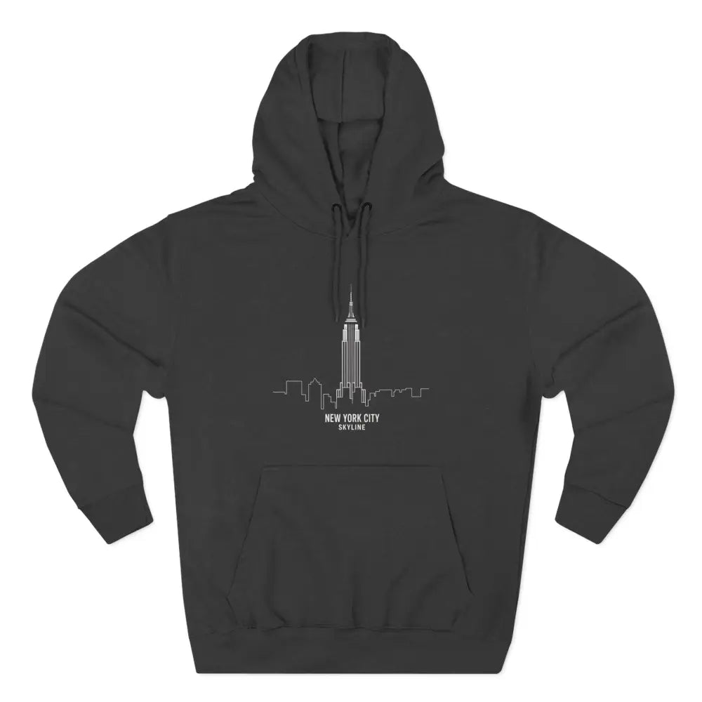 Dark gray NYC skyline hoodie with white line drawing, machine washable at max 30C
