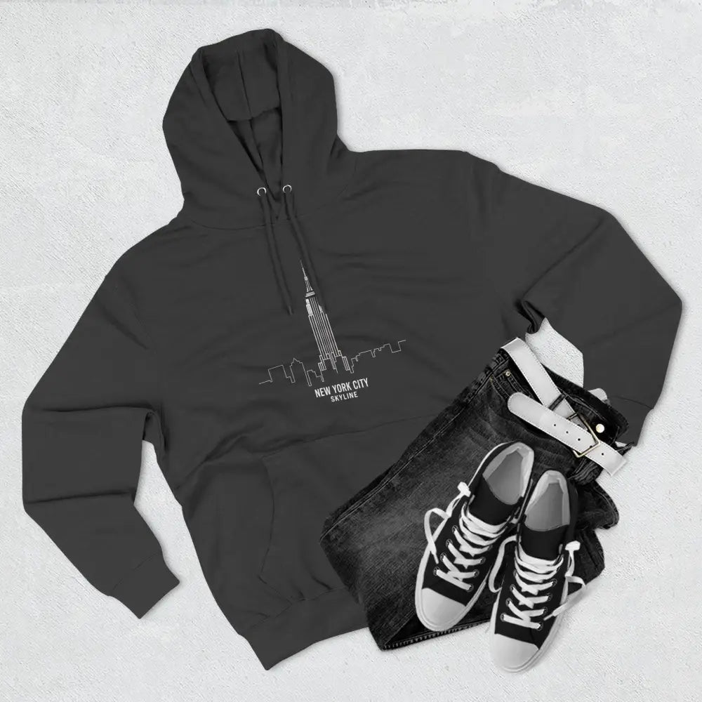 Dark gray NYC hoodie with white skyline design, machine wash low heat max 30c