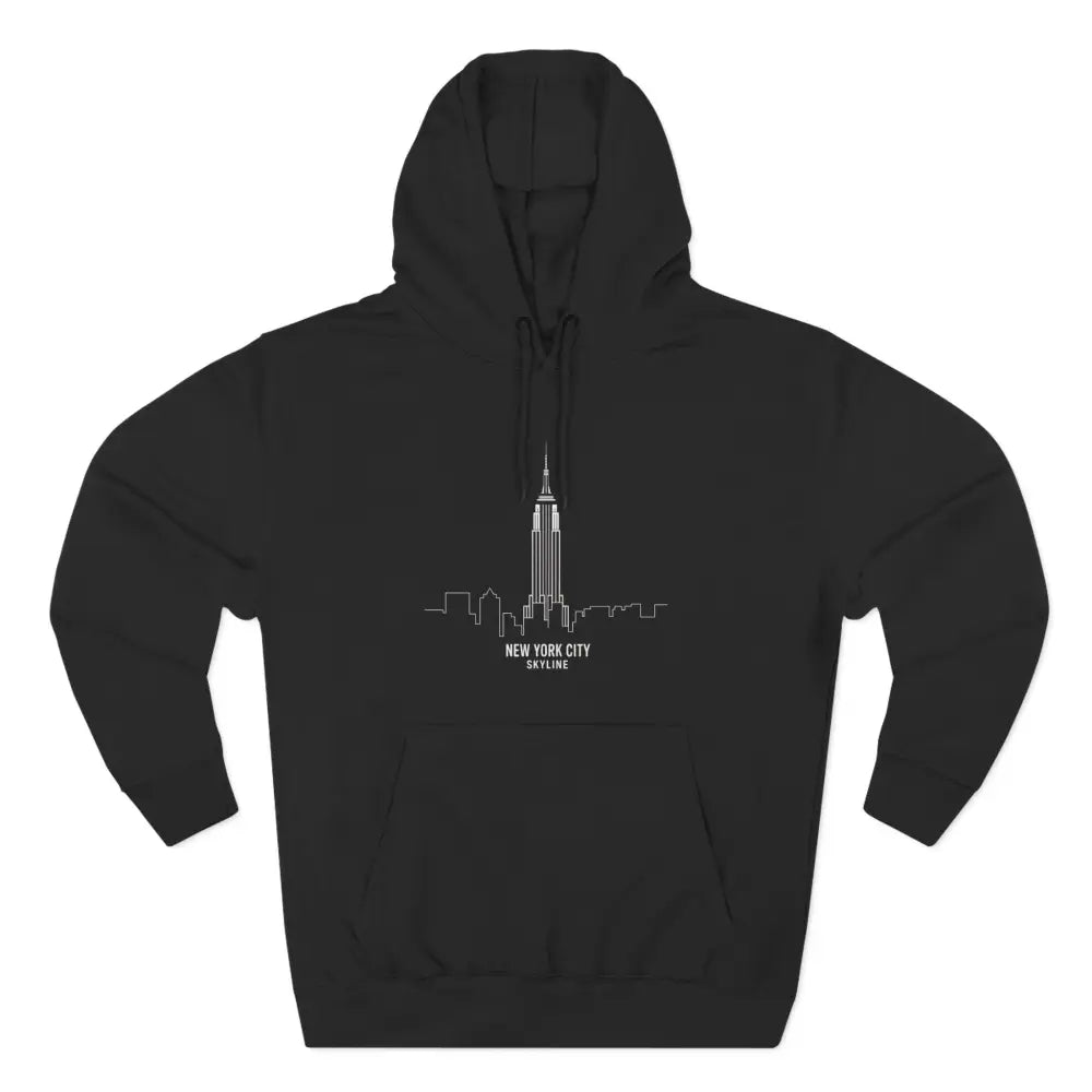Black hooded sweatshirt with white NYC skyline graphic, machine wash low heat max 30c